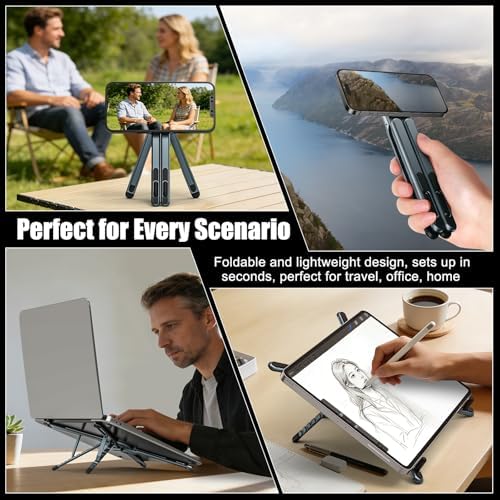 Taşınabilir dizüstü bilgisayar standı seyahat, 3'ü 1 arada masa tableti montaj bilgisayar tutucu manyetik telefon tutucu tripod, 10-15,6 inç dizüstü bilgisayarlar ve 4-13 inç tabletler/telefonlar için