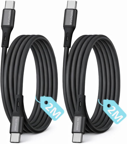 2Adet x 2Metre Type C-C Kablo Seti, 60Watt PD Hızlı Şarj, iPhone 15/16/17 ve Andoid İçin, Siyah/Antrasit Metal, REMORAX (2Adet x 2Metre Siyah)
