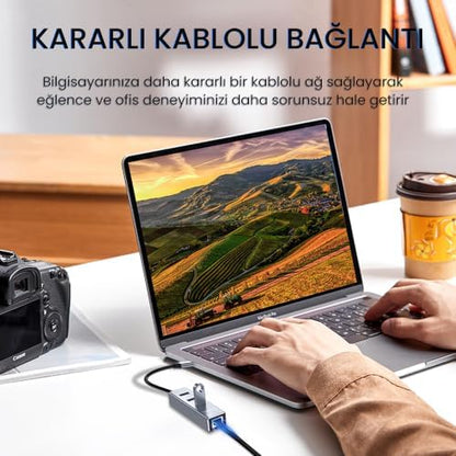 USB 2.0 to 100Mbps Ethernet Çevirici ve 3 Portlu USB Hub Çoklayıcı
