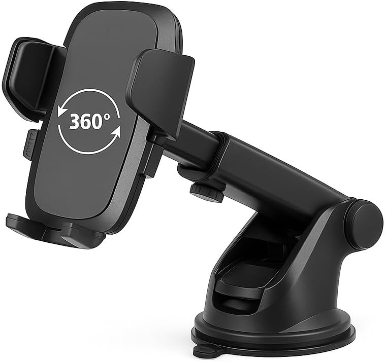Araç Telefon Tutucu – 360° Döner, Teleskopik Kollu, Torpido & Cam Üstü Vantuzlu, Uzunluk Ayarlı Oto Telefon Standı