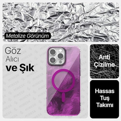 iPhone 15 Plus ve 14 Plus için ShineMag Serisi MagSafe ile Uyumlu Göz Alıcı ve Şık Metalize Arka Tasarım Yüksek Kalite Materyal Premium Hybrid Kılıf Kapak (Pembe, 15 Plus/14 Plus)