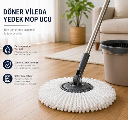 Döner Yedek Mop Ucu Mikrofiber Temizlik Bezi 35 cm Tüm Modellerle Uyumlu Başlığı Döner Mop Bezi Yedek Parça Kolay Tak Çıkar Spın Püskülü