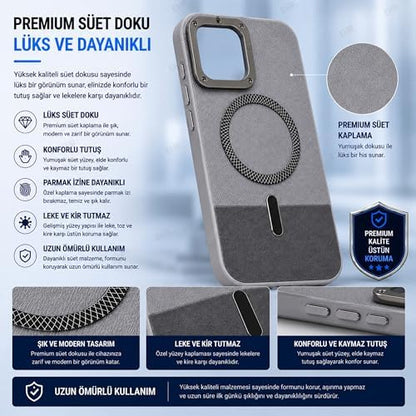Ehr. iPhone 15 ile Uyumlu Magsafe Wireless Şarj Özellikli Mat Süet Deri Nakışlı İçi Kadife Silikon Arka Kapak (Gri, iPhone 15)