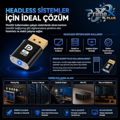 PX-5261 DisplayPort 4K UHD Display Dummy Plug, DP Sanal Monitör Adaptörü, Ekran Kartı Emülatörü, Headless Display Emulator, Bitcoin Mining ve Uzaktan Erişim İçin