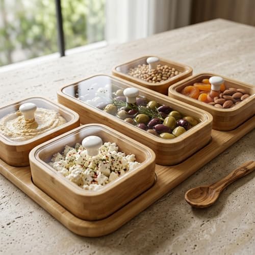 6 Parça Bambu Kahvaltılık Seti - Şeffaf Akrilik Kapaklı Kırılmaz Çerezlik, Reçellik ve Kahvaltı Sunum Tabağı (32.5 x 22 x 4 cm)