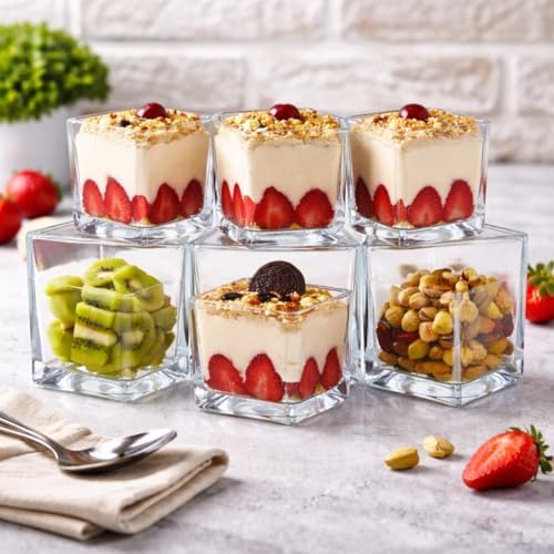 Cam Servis Kasesi Seti, Şeffaf, Kare Şekilli, Çok Amaçlı, Tatlı Sunum Kabı, Atıştırmalık ve Meyve İçin