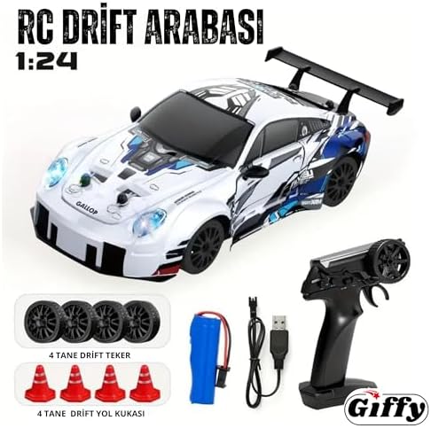 Oyuncak Uzaktan Kumandalı RC Drift Arabası, Şarjlı, Işıklı, Full Fonksiyon,Drift Atabilen Araba 4 Adet Kuka 4 Adet Drift Tekeri 2.4 GHz Kumanda Drift Arabası Model (Mavi)