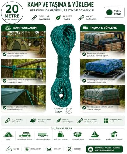 20 Metre Yeşil Naylon İp 3 mm, Çok Amaçlı Dayanıklı Çamaşır İpi, Kamp Bahçe Balkon Hamak ve Taşıma Sabitleme İpi, Dayanıklı Çamaşır İpi Kalın, Asma İpi Güçlü Halat İp, Sağlam İp, Kaliteli