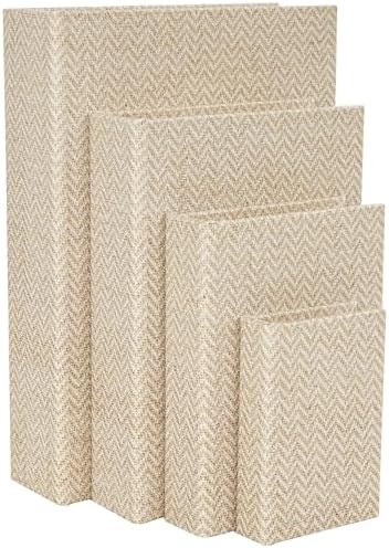 Deco 79 Keten Kumaş Dekoratif Kutu Chevron Desenli Kitap Saklama Kitabı Şekilli Kutular Krem Vurgulu, 4'lü Dekoratif Hatıra Kutusu Seti 38,1 cm, 30,4 cm, 9 cm, 15,2 cm Y, Bej