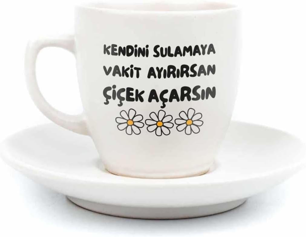 Kendini Sulamaya Vakit Ayırırsan Çiçek Açarsın Krem Türk Kahvesi Fincanı - Hediye Seramik Türk Kahvesi Fincanı