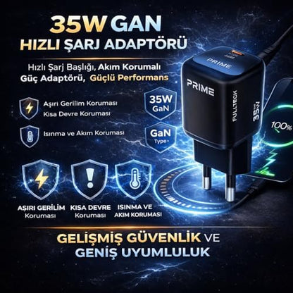 35W Gan Hızlı Şarj Adaptörü, Hızlı Şarj Başlığı,1x Type-C Girişi, 1x Usb Girişi, Güçlü Performans, Aşırı Gerilim, Kısa Devre, Isınma ve Akım Koruması, Gelişmiş Güvenlik ve Geniş Uyumluluk (kablo dahi)