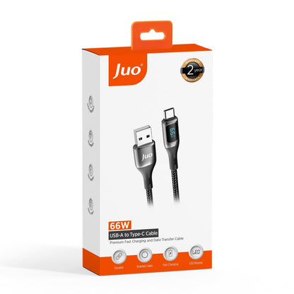 Juo 66W Dijital Led Ekranlı Örgülü USB-A to USB Type-C Hızlı Şarj ve Data Kablosu 2 Metre