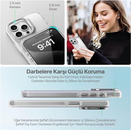 iphone 15 Pro Max için Hybrid Performance Serisi Ultra Şeffaf Sert Polikarbonat Arka Kısım Orta Sertlikte Silikon Kenarlar ve Stand Olabilen Lens Çerçeveli Kılıf (Natural Titanyum, 15 Pro Max)