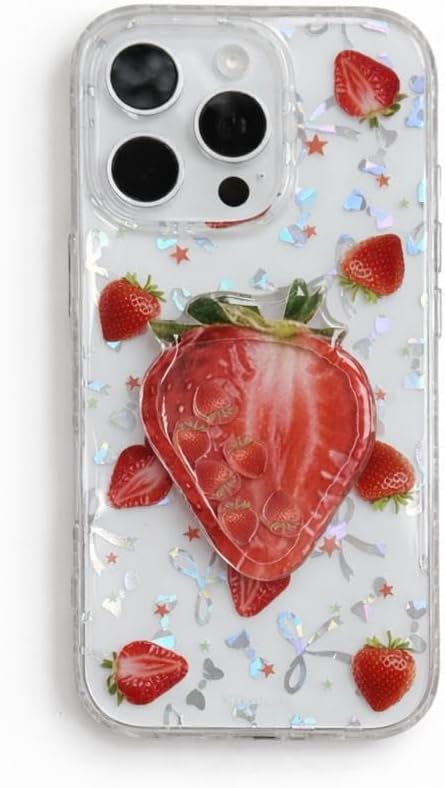 3D Çilekli Şeffaf Simli iPhone 13 Pro Uyumlu Kılıf – Kamera Korumalı, Darbe Emici Silikon