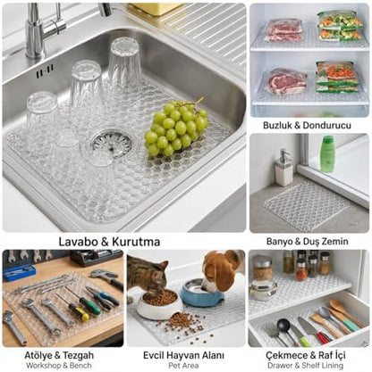 Lavabo Kurutma Matı 32x32 cm, Şeffaf Petek Desenli Buzluk ve Dondurucu Raf Koruyucu, Çekmece Raf İçi Kaydırmaz Düzenleyici Mat, Banyo, Tezgah ve Evcil Hayvan Mama Alanı İçin Çok Amaçlı Mat