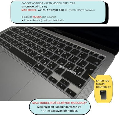 Rusça Klavye Koruyucu MacBook Air 13 A1932 A2179 A2337 M1 Uyumlu | UK ISO Ters L Enter | İnce Silikon Russian Keyboard Cover Siyah