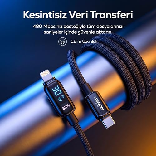 Xenon Smart Type-C to Lightning iPhone Şarj Kablosu | 30W PD Hızlı Şarj 2m LED Örgü 480Mbps X6427