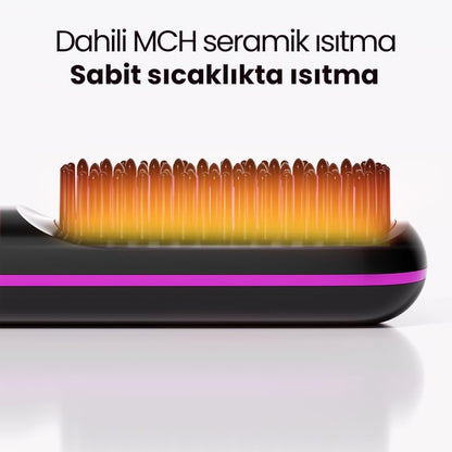 Şarjlı Taşınabilir İyonik Saç Düzleştirici Fön Tarağı – Elektrikli Isıtmalı Tarak Saç Şekillendirici ve Hacimlendirici (Pembe)