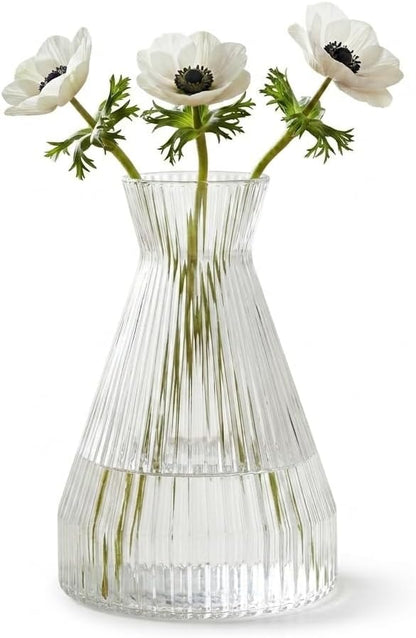 Pure Model Şeffaf Cam Vazo - Optikli (Çizgili) Dokulu, Modern Dekoratif Çiçeklik ve Masa Üstü Vazo (22x15 cm)
