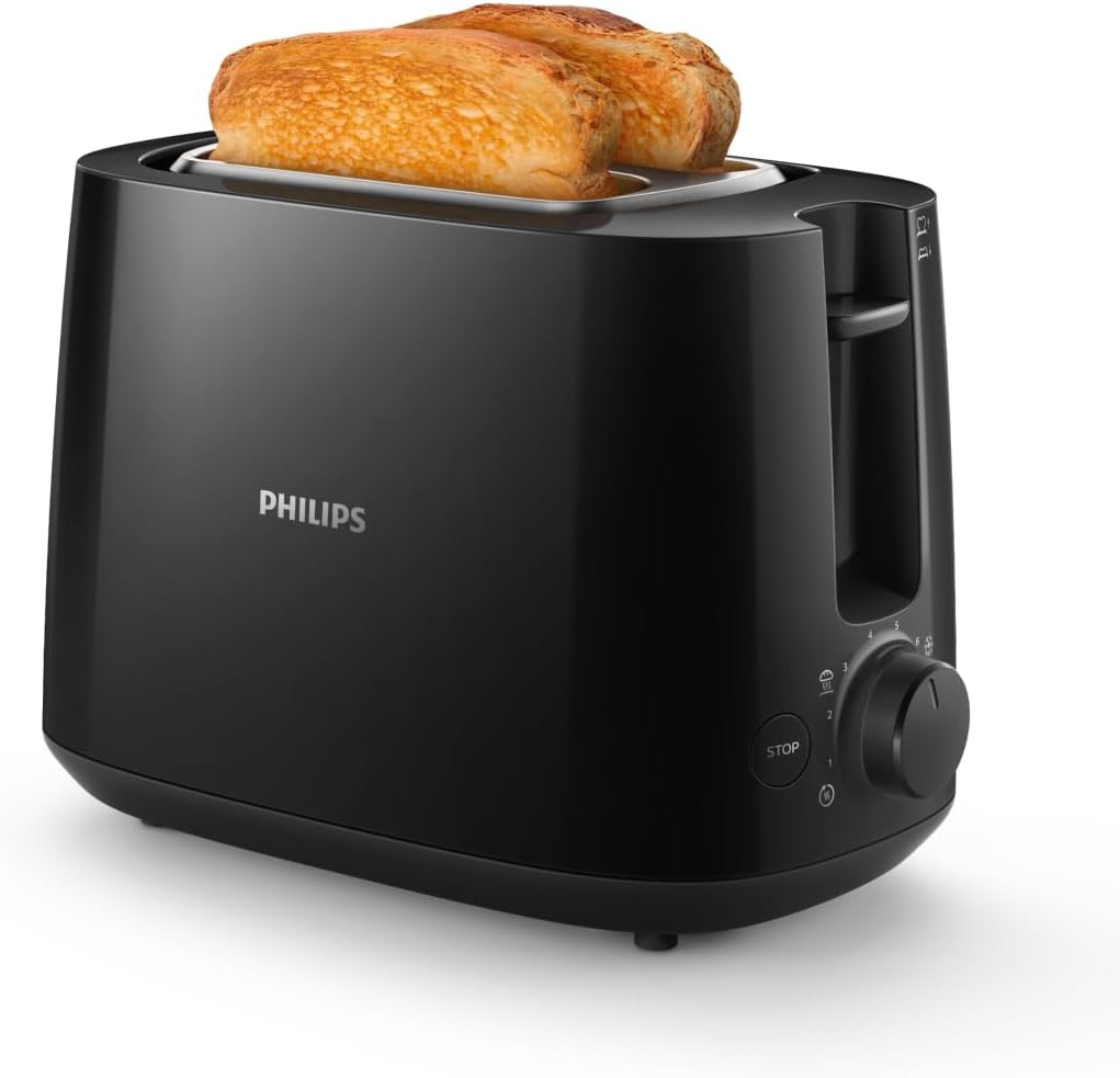 Philips Daily Collection Tost Makinesi - 2 dilim, 8 ayar Erişim. entegre hamur ısıtıcısı, Kompakt tasarım, Otomatik durma, Geniş yuva, Siyah (HD2581/90)