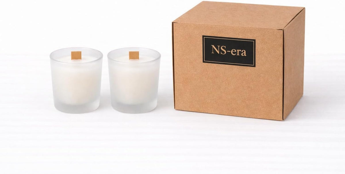 Dekoratif Sandal ağacı Kokulu Ahşap Fitil 40 ml Kutulu Hediyelik Mum Buzlu Şat Bardak 2'li Set Mum