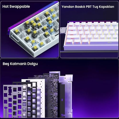 Aula Hero 68 He Manyetik Klavye Rapid Trigger Black King Switch 8000Hz RGB Neon TKL Hot Swap Oyuncu Klavyesi Beyaz