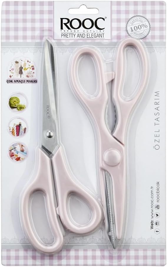 Premium Serisi Ergonomik Saplı Çelik Gıdaya Temasa Uygun 2'li Mutfak Makası, Pembe