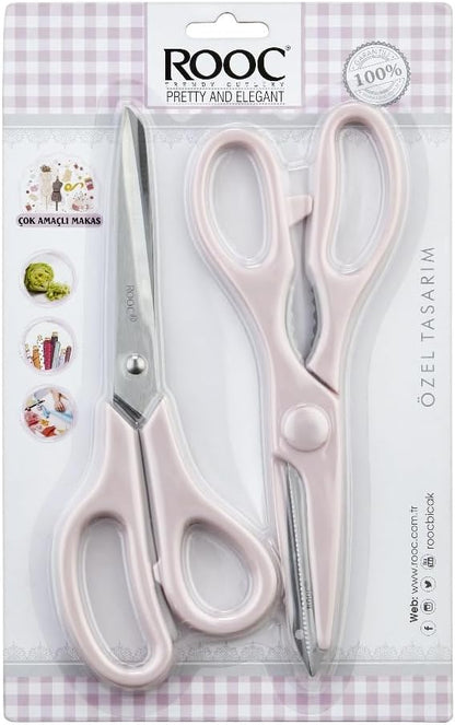 Premium Serisi Ergonomik Saplı Çelik Gıdaya Temasa Uygun 2'li Mutfak Makası, Pembe