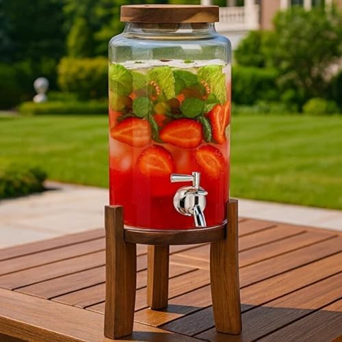 Musluklu Cam Sebil 3L Ahşap Standlı Soğuk İçecek Dispenseri Çilekli Detoks Limonata ve Sunumluk