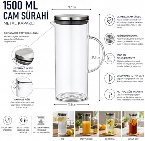 1500 ML Cam Sürahi Metal Kapaklı Şeffaf Sürahi Dayanıklı Cam Gövde Ergonomik Sap Akıtmaz Ağız Tasarımı Soğuk İçecekler İçin Limonata Meyve Suyu Su Sürahisi Modern Mutfak Kullanımı