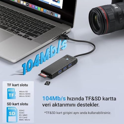 Type-C to 3.0 TF SD Kart Okuyucu 3 Portlu USB 3.0 Çoklayıcı Adaptör Siyah