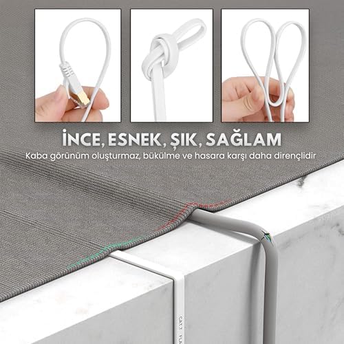 CAT7 Ethernet Kablosu (20 METRE) - 10Gbps’ye Kadar Veri Aktarımı - Fabrikasyon RJ45 Konnektörlü - Yassı Flat Tasarım - 600MHz - Beyaz