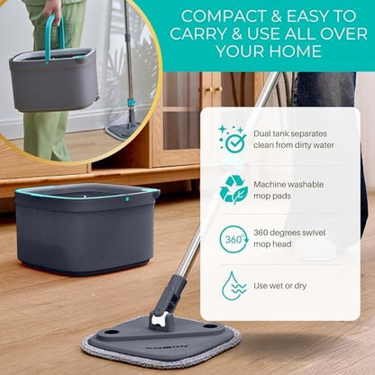 True & Tidy True Clean Paspas ve Kova Sistemi, Kare Döndürmeli Paspas, Çift Bölmeli Paspas Kovası ve 2 Kalın Makinede Yıkanabilir Paspas Pedleri (Spin Mop) içerir