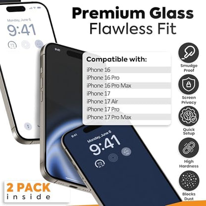 iPhone 17 Pro Max Uyumlu Ekran Koruyucu - 9H Temperli Cam, Gizlilik Filtreli, 2’li Paket