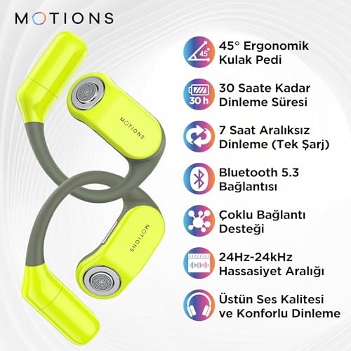 MOTIONS, MS-E52 OWS, Açık Kulak Tasarımlı Kablosuz Spor Kulaklık, Bluetooth 5.3, 30 Saat Pil Ömrü, Ultra İnce, Hafif, Ergonomik Tasarım, Çift Cihaz Desteği, Wireless, Yeşil