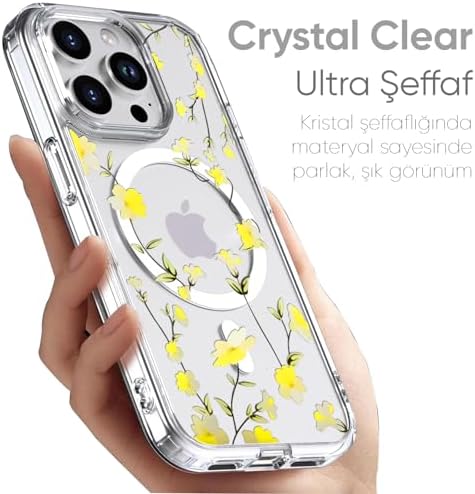 iPhone 15 Pro Max için Flower Serisi Magsafe ile Uyumlu Göz Alıcı ve Şık Tasarımlı Çiçek Desenli Silikon Kılıf Kapak (Yellow, 15 Pro Max)