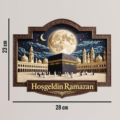 28-23 cm Hoş geldin Ramazan Dekorlu Ahşap Kapı Süsü, Ramazan Süsleri, Ramazan Tavan Süsü