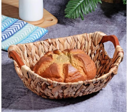Kosova Wicker Serisi Bezli Oval Ahşap Kulplu Hasır Ekmek Sepeti