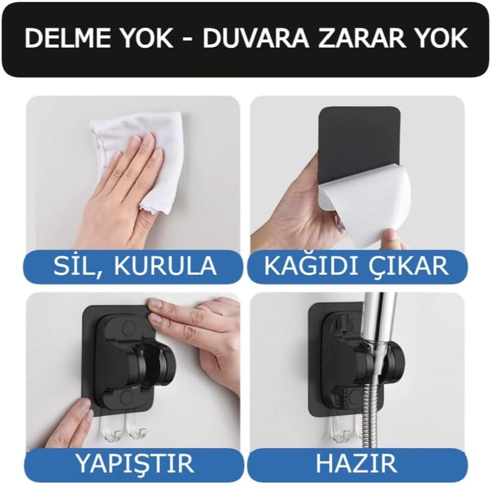4'lü Duş Seti, Gri Filtreli Duş Başlığı, 150 cm Örgülü Hortum, Yapışkanlı Askı Aparatı ve 3 Yedek Filtre, Gri