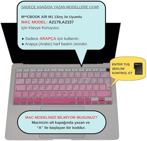 MacBook Air 13 Arapça Klavye Koruyucu A1932 A2179 A2337 M1 | UK ISO Ters L Enter Uyumlu | Arabic Keyboard Cover Touch ID Pembe Pembe