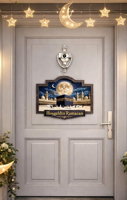 28-23 cm Hoş geldin Ramazan Dekorlu Ahşap Kapı Süsü, Ramazan Süsleri, Ramazan Tavan Süsü