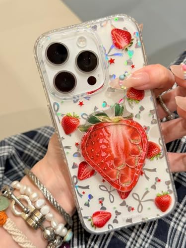 3D Çilekli Şeffaf Simli iPhone 13 Pro Uyumlu Kılıf – Kamera Korumalı, Darbe Emici Silikon