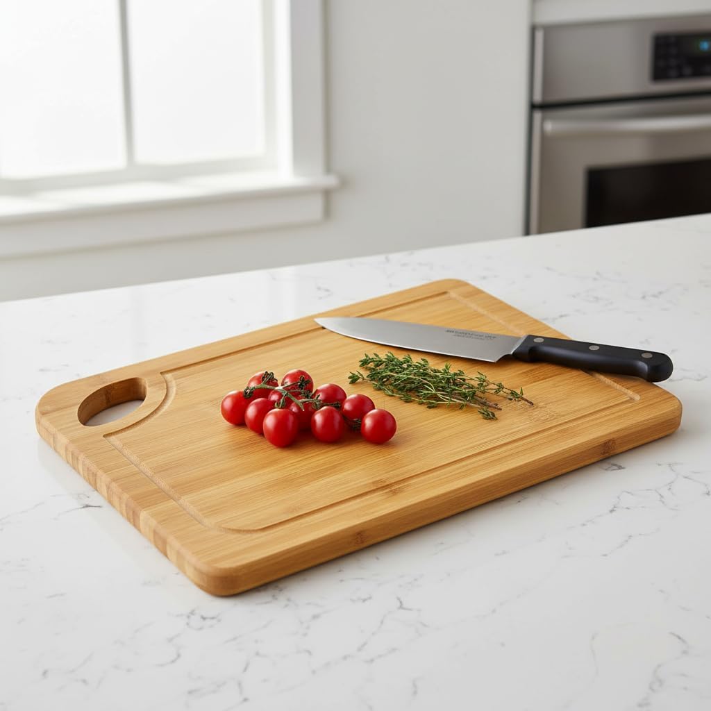 %100 Doğal Bambu Kesme Tahtası ve Kesme Panosu - 34x24 cm Yıkanabilir Dikdörtgen Doğrama Tahtası