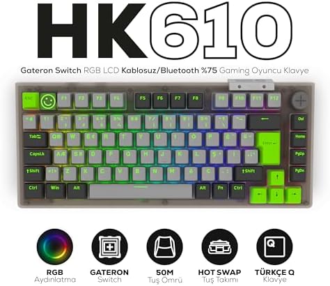Hawk Gaming HK610 Gateron Switch RGB LCD Tri-Mode Kablosuz/Bluetooth %75 Gaming Klavye