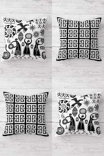 Etnik Bohemian Maya Desenli Gizli Fermuarlı Kırlent Kılıfı Koltuk Yastık Kılıfı Takım(4adet), Beyaz-Siyah 45 x 45