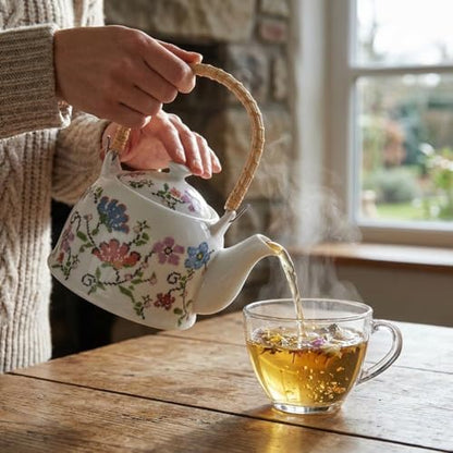 Porselen Çini Piraye Demlik - Bambu/Hasır Saplı, Ateşe Dayanıklı Nostaljik Bitki Çayı ve Çay Demliği (900 ml - 2 Farklı Desen Seçeneği) (PIRAYE)