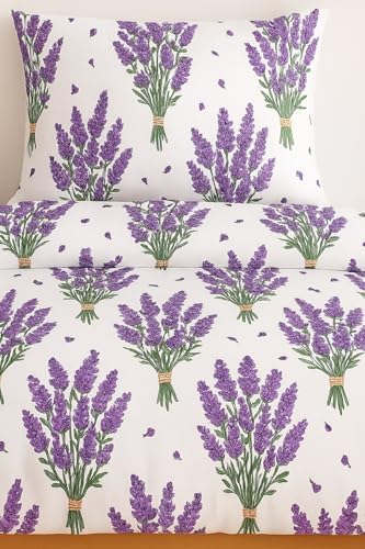 Ezgi Çift Kişilik Desenli Nevresim Takımı, Lavanta Motifli, 200 x 230 cm, 2 Adet Kapaklı Yastık Kılıfı, Mor