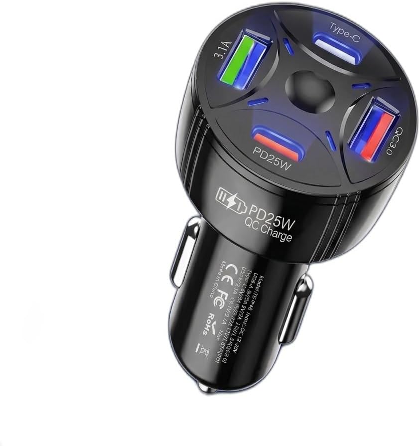 Super Şarj 4 Port PD25W, QC3.0, Araç Şarjı Çakmaklık, 2x Usb 2x Type-C, Çoklayıcı, 12-24V, 5V/6A Max,
