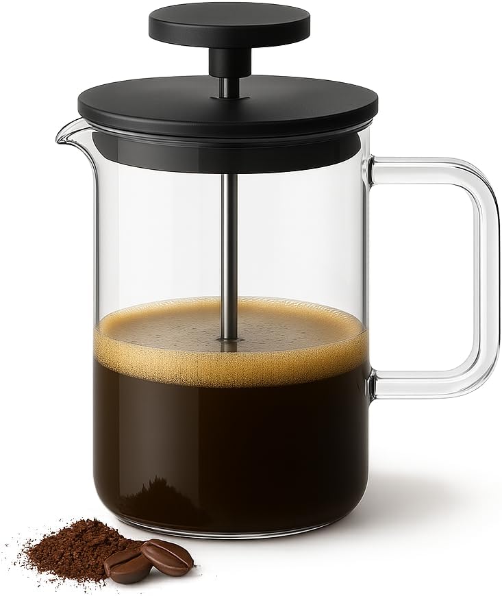 French Press, 0,40 L Cam Kahve ve Çay Demliği, borosilikat cam, BPA içermez, ısıya dayanıklı, bulaşık makinesi uyumlu