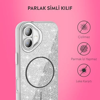 iPhone Kılıf M-safe Şarj Özellikli Parlayan Simli Sararmaz Kılıf (Gümüş, iPhone 16)